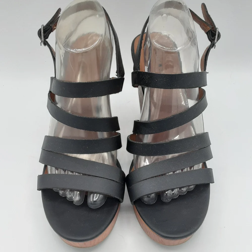 Lucky Brand Larinaa Black Leather Boho Retro 70's Strappy Wedge Sandals.